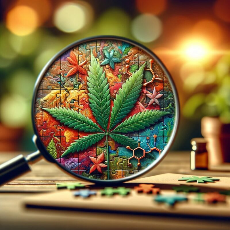 Cannabis puzzle under magnifying glass.